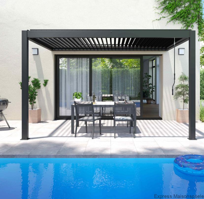 Pergola bioclimatique adossée 4x3m en aluminium blanc avec 1, 2 ou 3 stores, OIA – Image 2