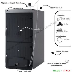Chaudière bois en fonte Klimosz Wally / Sime Solida S 4 avec régulateur de tirage à chainette