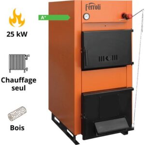 Ferroli – Chaudière bois 25 kW – Fonctionnement au bois, charbon, briquettes – Chambre de combustion 78 L – Tirage naturel sans électronique
