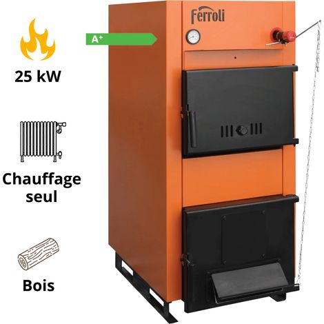 Ferroli – Chaudière bois 25 kW – Fonctionnement au bois, charbon, briquettes – Chambre de combustion 78 L – Tirage naturel sans électronique