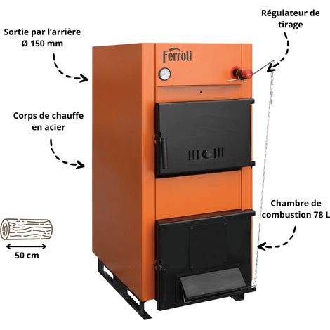 Ferroli – Chaudière bois 25 kW – Fonctionnement au bois, charbon, briquettes – Chambre de combustion 78 L – Tirage naturel sans électronique – Image 4